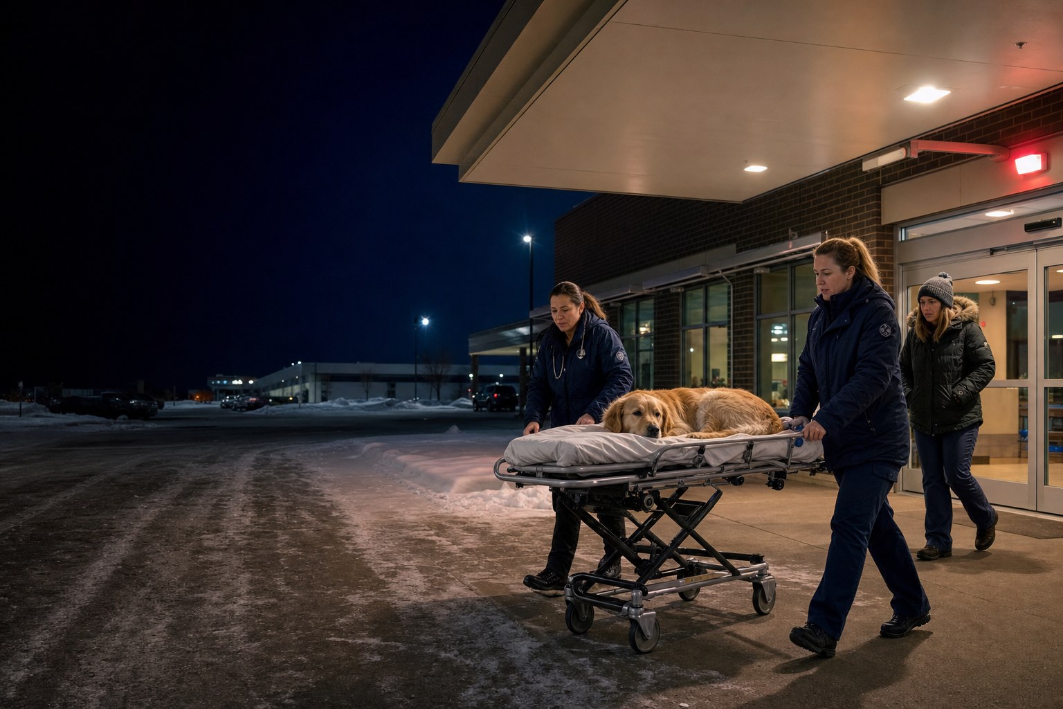 Veterinary team bringing a dog on a stretcher beneath a hospital canopy at night