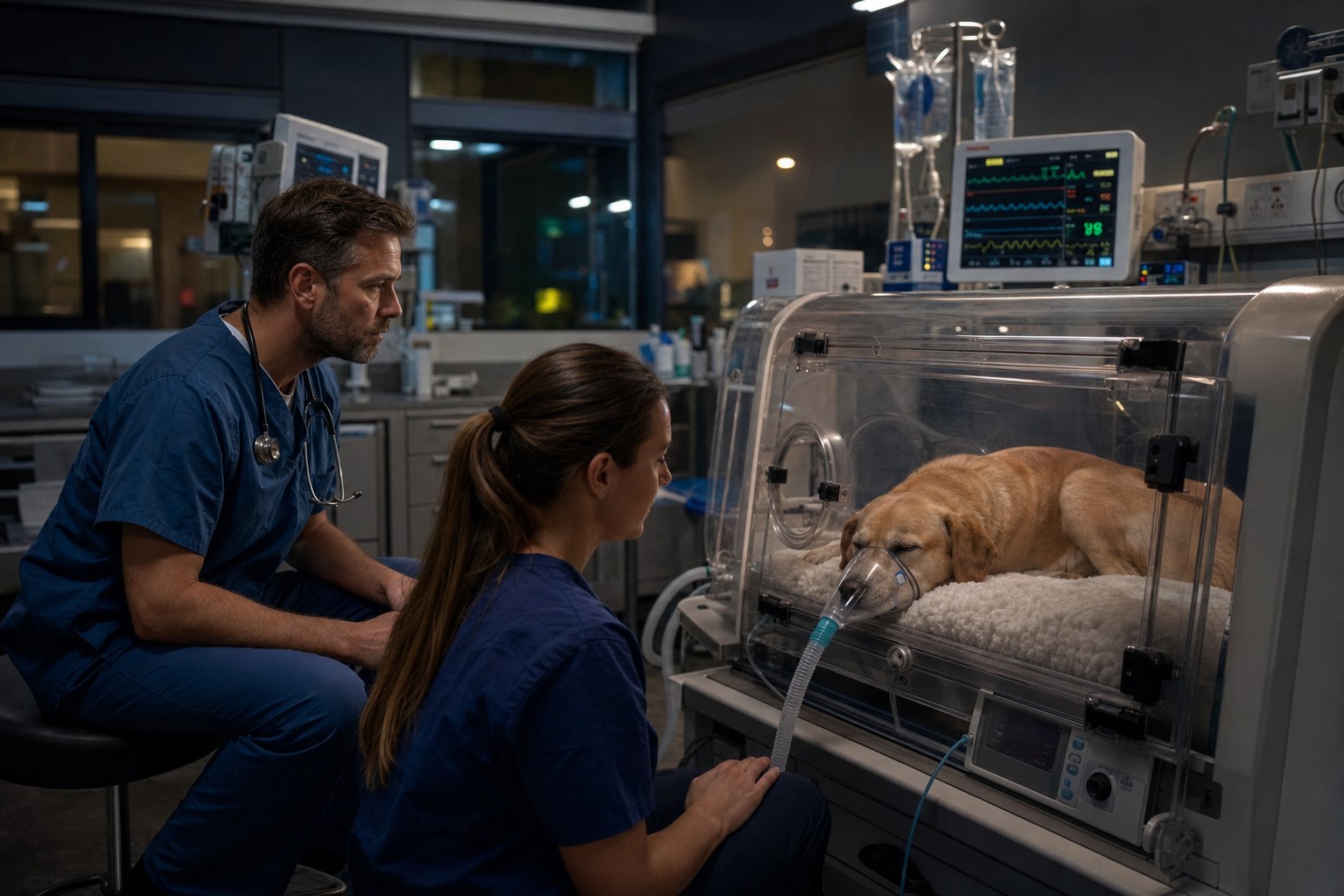 Veterinary team monitoring a dog in the intensive care unit