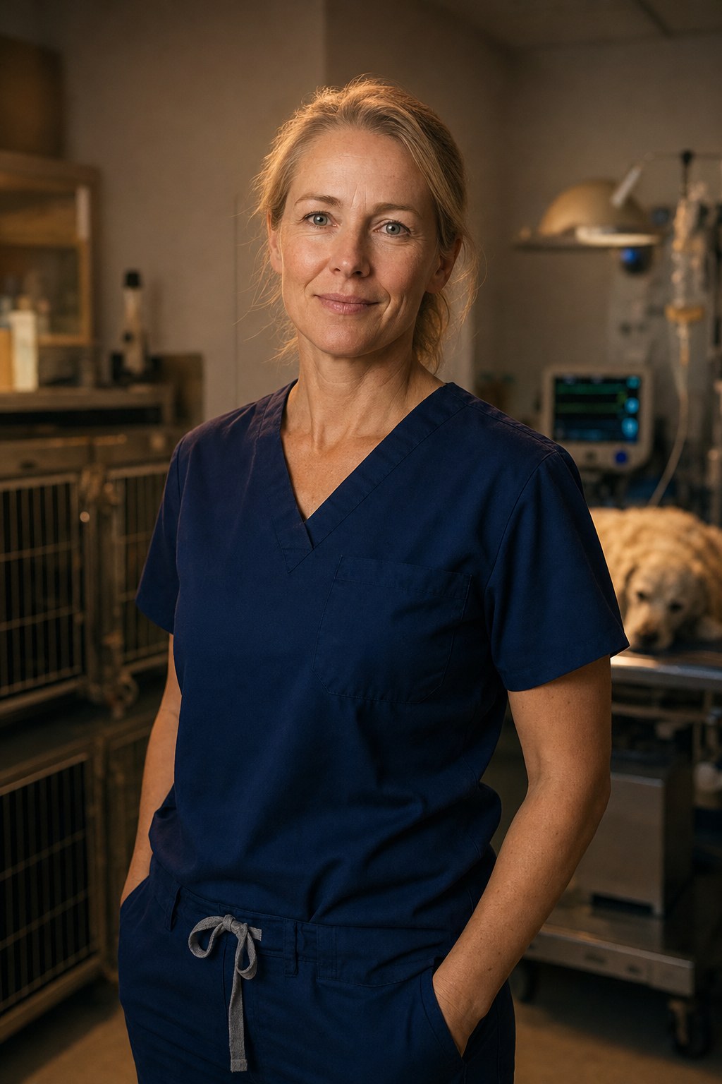 Dr. Solveig Brandvold in navy scrubs at Lanternfield at night
