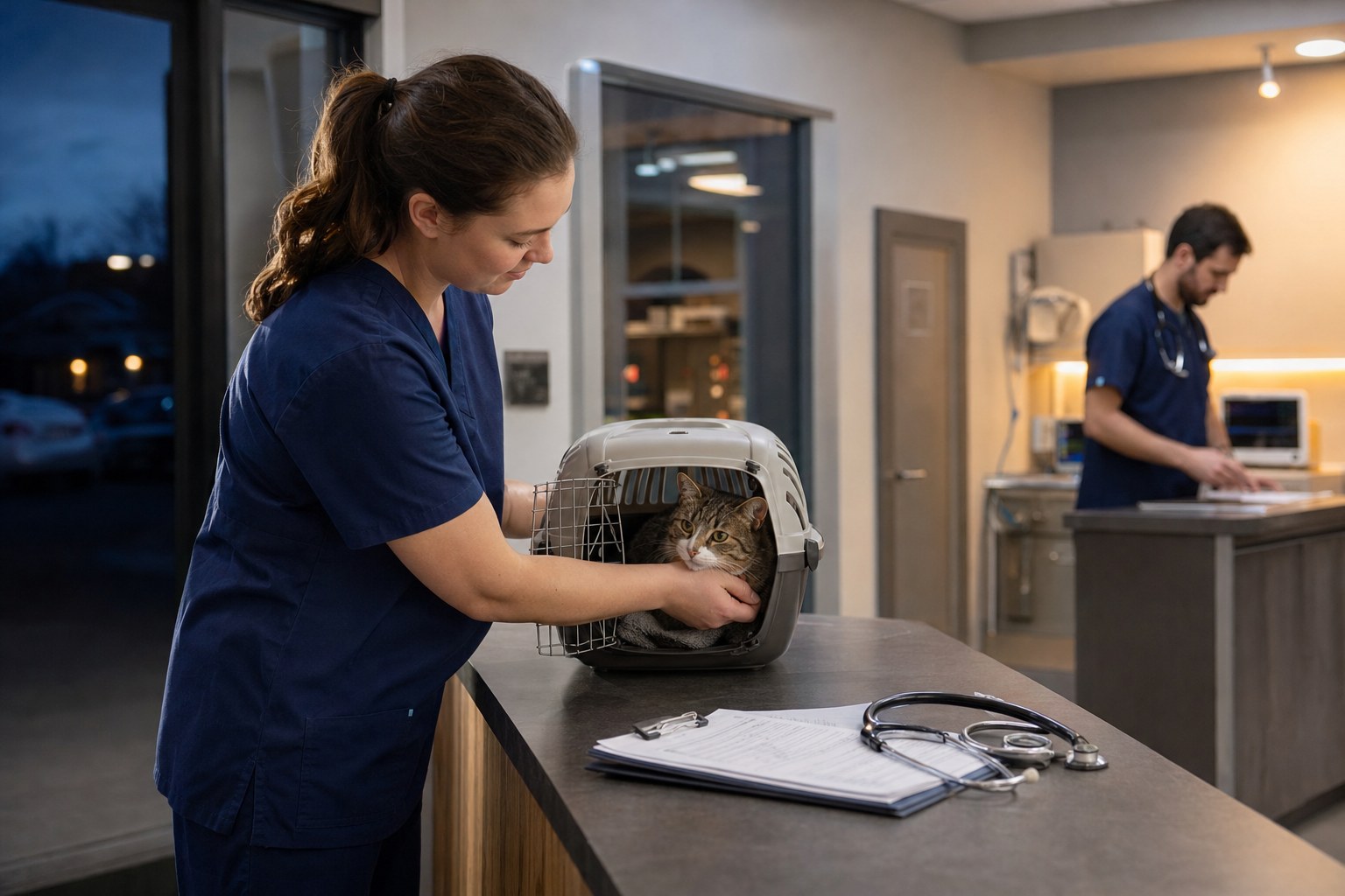Veterinary nurse calmly checking a cat at emergency triage